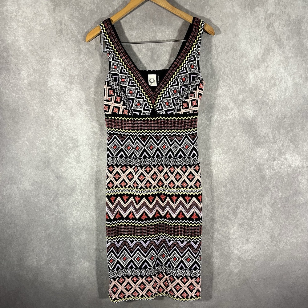 Akemi + Kin Sheath Dress Womens Size 2 Black Multi Geometric Embroidered V-Neck